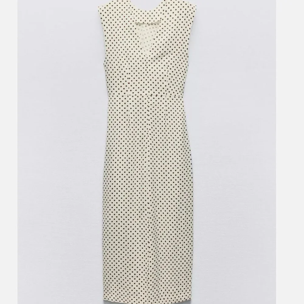 Zara Women Linen Blend Polka Dot Midi Dress Beige/Ecru Size M NEW WITH TAG! - Picture 4 of 7